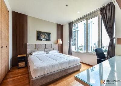 Modern bedroom with large windows and city view