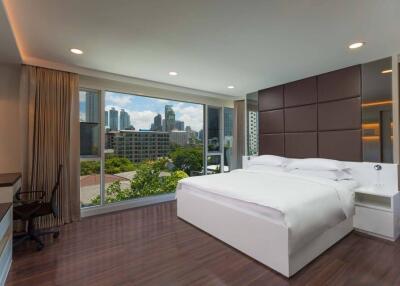 Modern bedroom with large window and city view