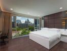 Modern bedroom with large window and city view