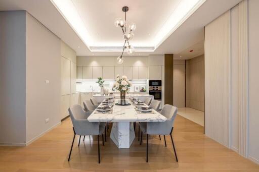 Modern dining room with marble table