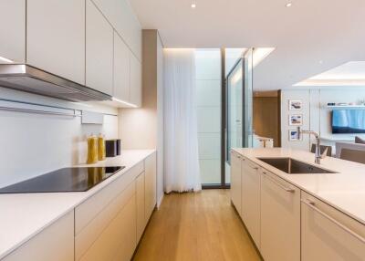 Modern kitchen with island and living room view