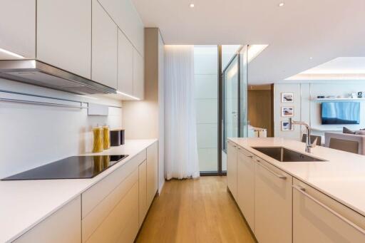 Modern kitchen with island and living room view