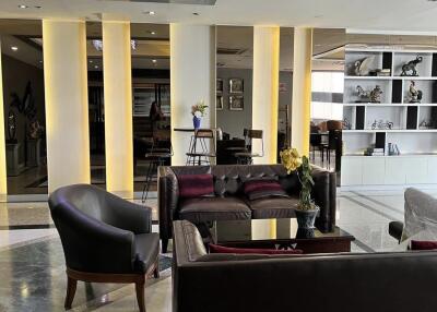 Upscale lobby with modern furnishings