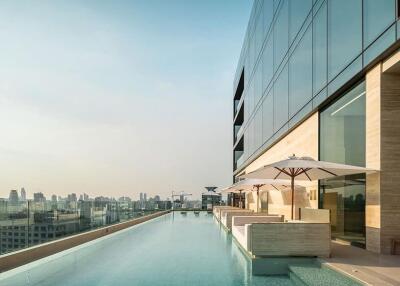 Luxury rooftop swimming pool with city skyline view