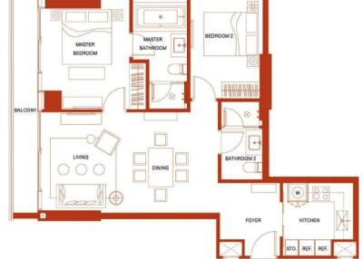 Detailed floor plan of an apartment with two bedrooms, two bathrooms, kitchen, dining, living area, and balcony