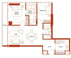 Detailed floor plan of an apartment with two bedrooms, two bathrooms, kitchen, dining, living area, and balcony