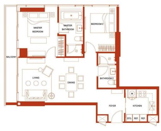 Detailed floor plan of an apartment with two bedrooms, two bathrooms, kitchen, dining, living area, and balcony