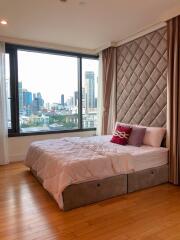 Modern bedroom with large window and city view