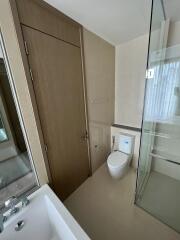 Modern bathroom with glass shower and wooden door