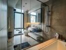 Modern bathroom with glass partition and fixtures