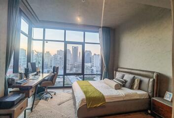 Modern bedroom with a city view