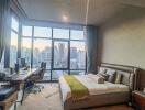 Modern bedroom with a city view