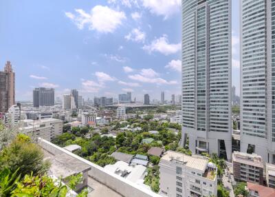 Cityscape view from high-rise balcony