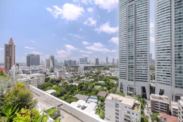 Cityscape view from high-rise balcony