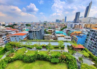 Aerial view of urban landscape with green rooftop garden