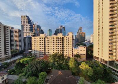 View of city buildings with greenery in the foreground