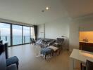 Modern living room with ocean view and natural lighting