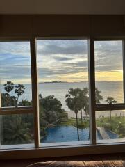 Living room with large windows and ocean view