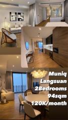 2 Bedrooms 2 Bathrooms Size 94sqm. MUNIQ Langsuan for Rent 120,000 THB